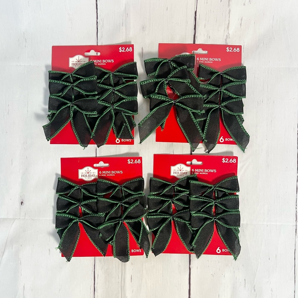 NWT Holiday Time Black & Green Wired Mini Christmas Bows Lot of 24
